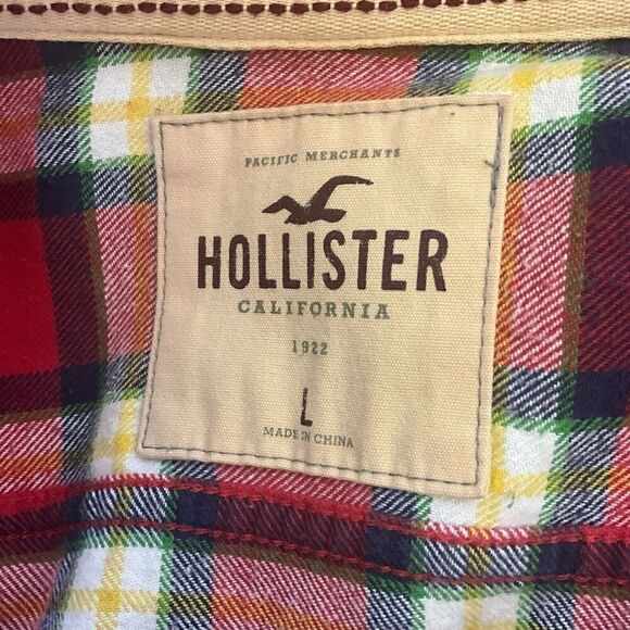 Hollister Mens Size Large Button Down Shirt Red Plaid Long Sleeves 100% Cotton - Picture 9 of 11